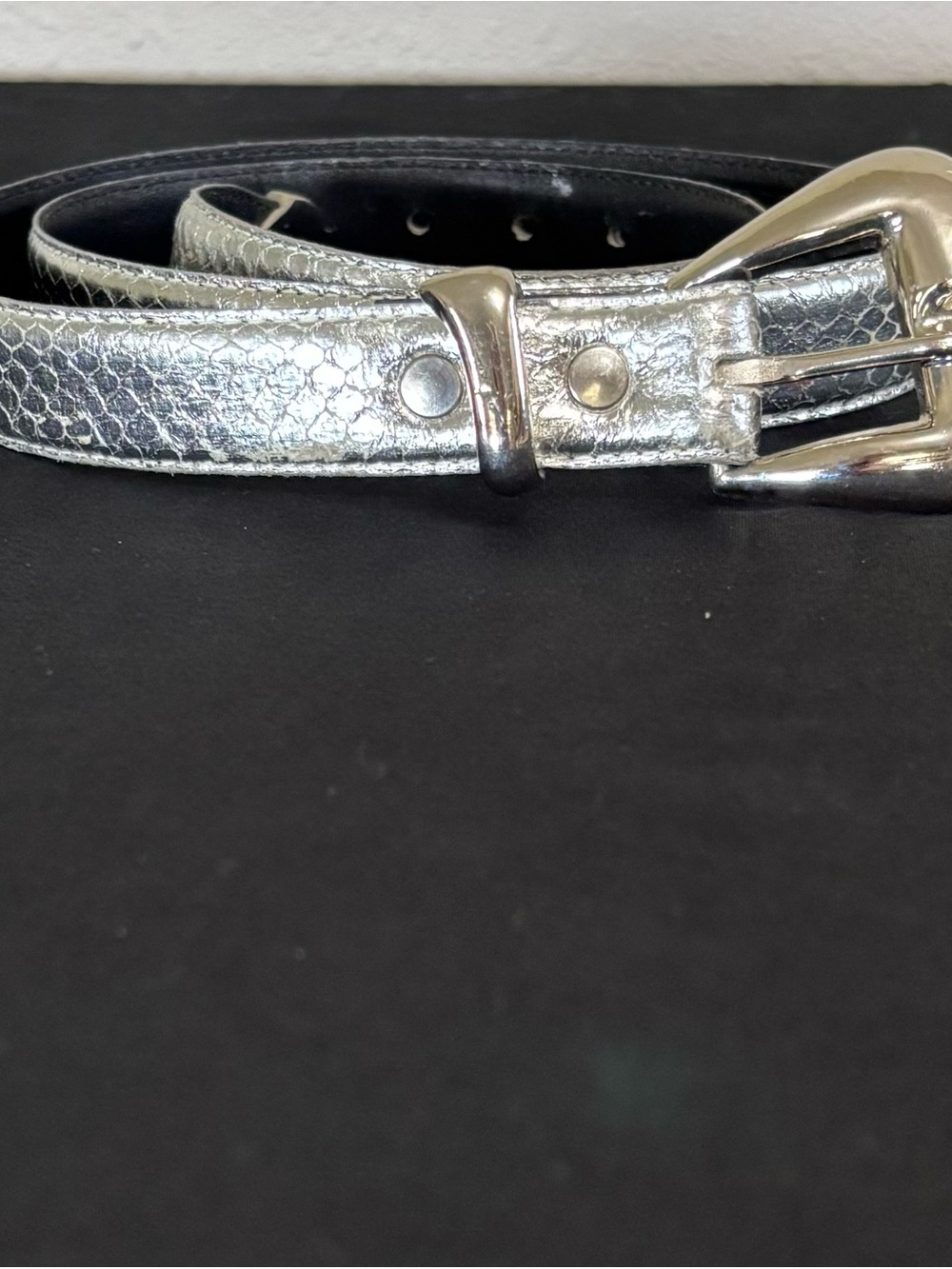MZ New York VTG Silver Metallic Genuine Snakeskin Ladies Skinny Belt
